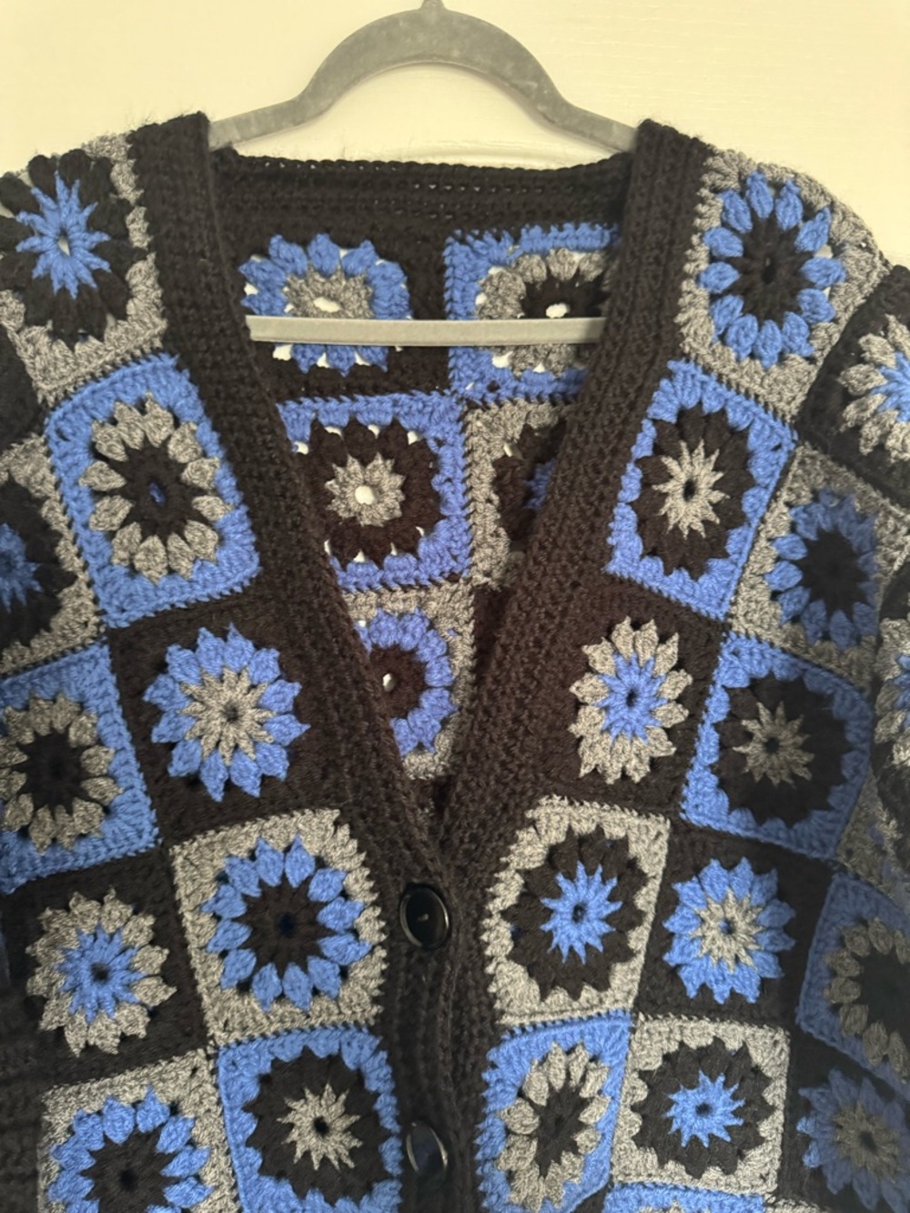 Hand Crafted Black Crochet Patchwork Cardigan with Blue and Gray Motifs. Ptp 27 - Picture 4 of 11